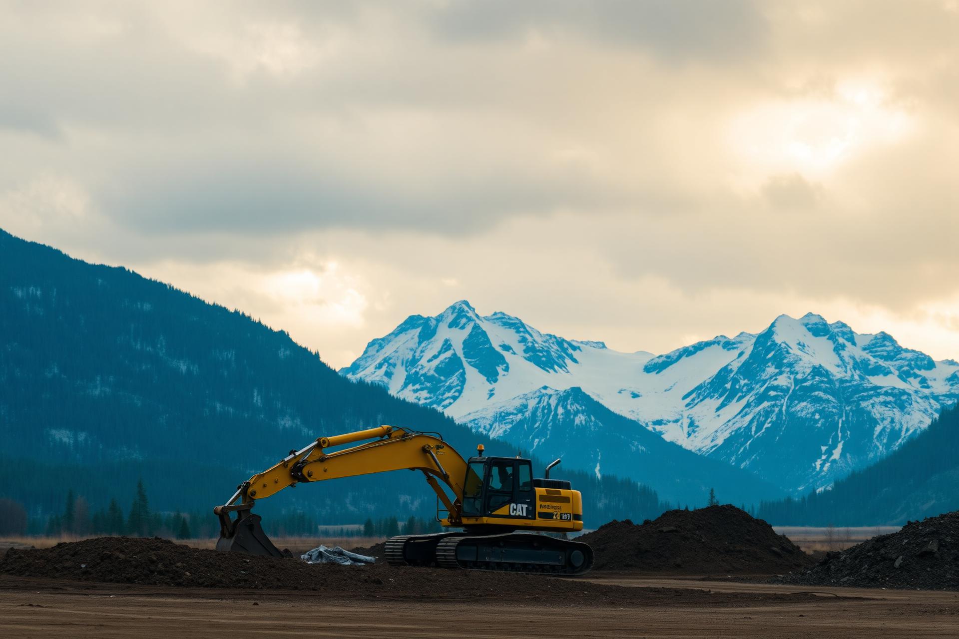 Excavator at work with Glacier National Park mountains in the background